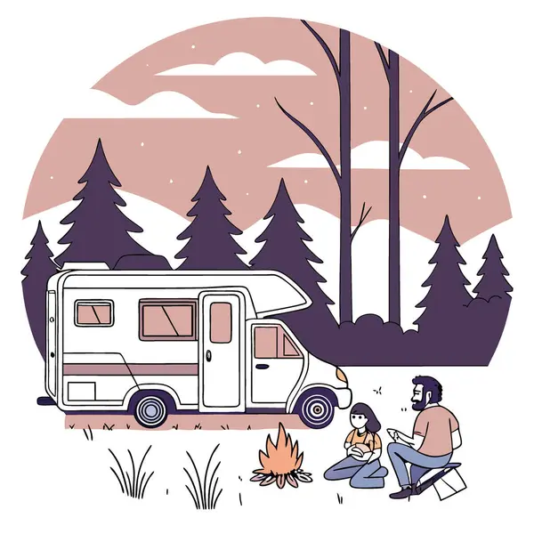 Bir aile, alacakaranlık gökyüzünün altında sakin bir akşamda karavanlarının dışında birlikte güzel vakit geçirir. Yapay zeka üretildi. Vektör simgesi