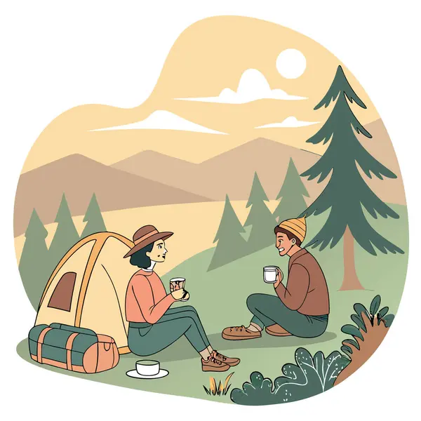 Mutlu genç turistler yazın oturup sohbet ederler. Kamp gezisinde gün batımında ateşin yanında iyi eğlenceler. Romantizm yürüyüşü. Yapay zeka üretildi. Vektör simgesi
