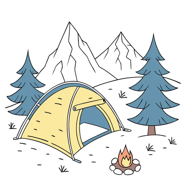 Dağlarda kış kampı macerası. Karların arasına kurulmuş bir çadır. Sıcak bir uyku tulumunda rahat bir uyku çekmek yapay zekanın ürettiği bir şeydir. Vektör simgesi