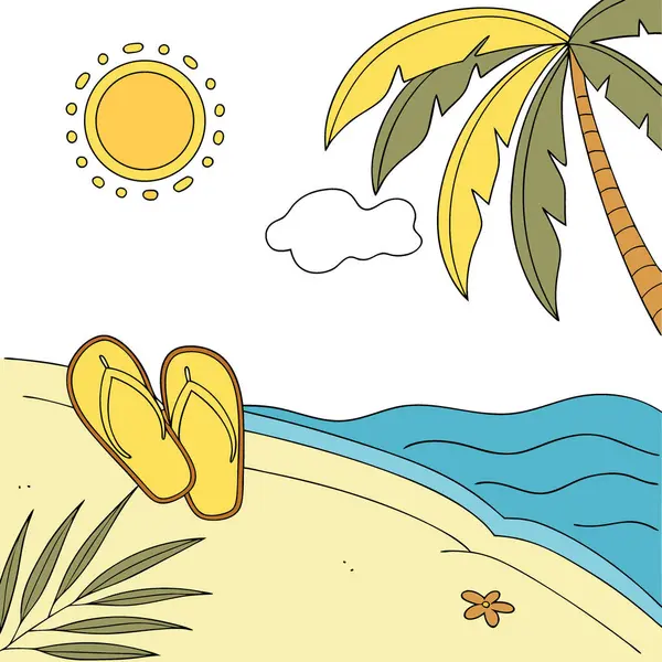 Yaz sahili geçmişi. Plaj aksesuarları - kumlu tropik sahilde sarı parmak arası terlikler açık güneşli bir günde mavi gökyüzüne karşı. Yapay zeka üretildi. Vektör simgesi