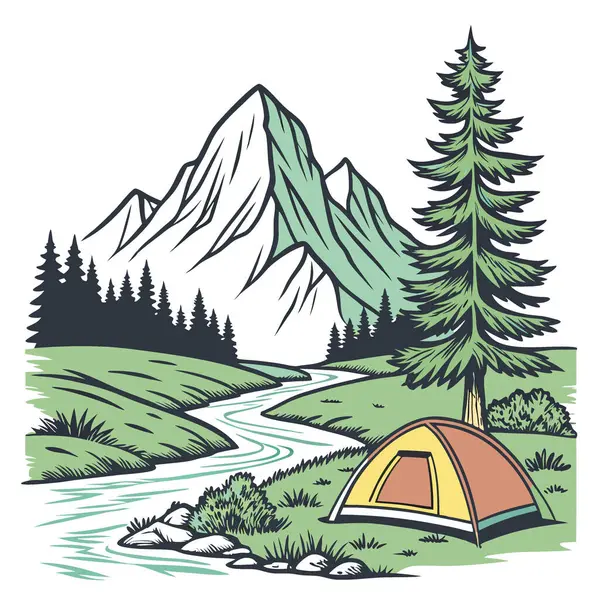 Nehir kenarında huzurlu bir kamp yeri. Göz kamaştırıcı bir dağ zeminine ve sakin sulara kurulmuş canlı bir çadır yapay zeka tarafından oluşturuldu. Vektör simgesi