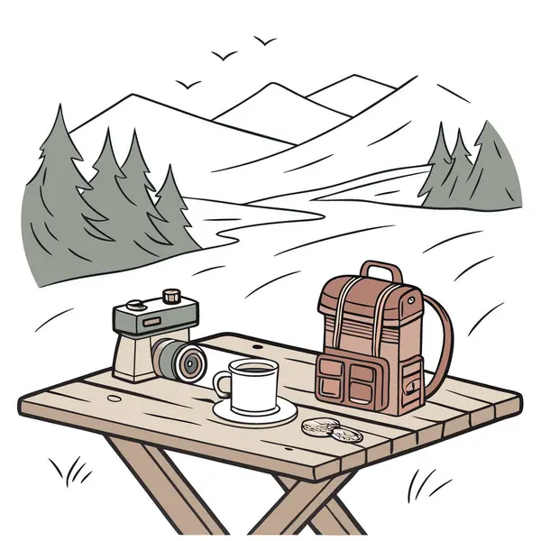 Ahşap bir masanın arka planında dekorasyon için boş bir yer ve yapay zekanın oluşturduğu bulanık bir dağ arkaplanı var. Vektör simgesi