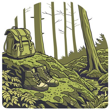 Vahşi doğada macera. Bereketli bir ormanda yosun kaplı bir kayanın üzerinde duran dayanıklı bir sırt çantasının yanında bir çift engebeli yürüyüş botu. Yapay zeka üretildi. Vektör simgesi