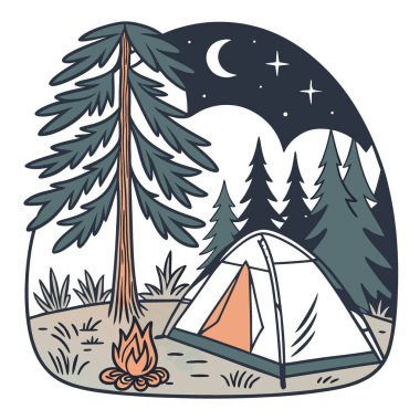 Doğanın kucağında tecrit edilmiş. Ateşin alevleri dans ederken hayat dolu bir kamp alanı. Çadırlarda ve ağaçlarda yapay zekanın yarattığı karmaşık desenler. Vektör simgesi