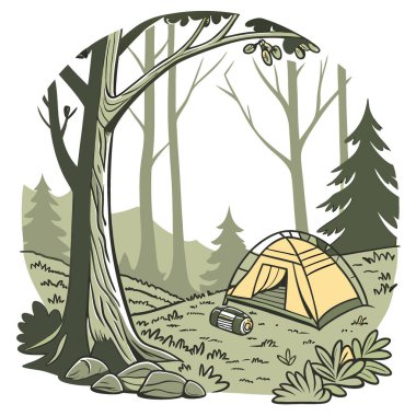 Güneşli orman kamp sahnesi, yosunlu yerde sarı çadır. Ağaçlarla ve dingin doğayla çevrili. Yapay zekanın yarattığı macera meraklıları için mükemmel. Vektör simgesi