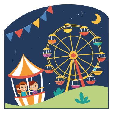 Akşamüstü canlı bir karnaval, akşam gökyüzünde dönme dolap ve oyun oynayan ve ata binen neşeli ailelerin oluşturduğu yapay zekayla. Vektör simgesi