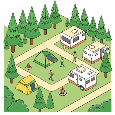 Yüksek çam ağaçları ve karavan ve çadırlarla çevrili yoğun bir kamp alanının yukarıdan görünüşü. Yapay zekanın yarattığı canlı doğa yaşamını yakalamak. Vektör simgesi