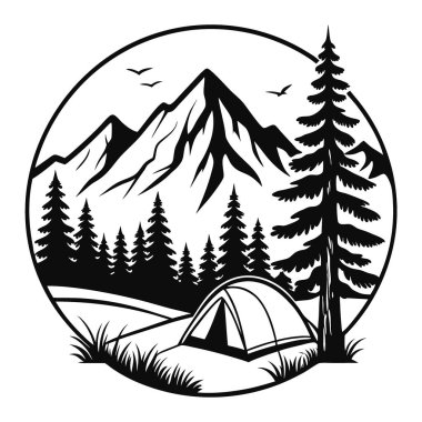 Siyah dağ orman siluetleri, beyaz bir zemine izole edilmiş ikonik bir logo olarak resmedilmiş panoramik bir manzara. Yapay zeka üretildi. Vektör simgesi