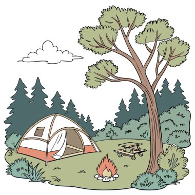 Yaz kampının ve açık hava eğlencesinin esansını yaşayın. Yapay zekanın yarattığı rahatlama ve maceraya davetiye çıkaran manzaralı bir orman kamp alanıyla. Vektör simgesi