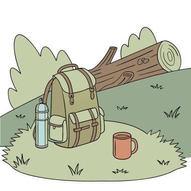 Arka planda odun ve kütük olan bir sırt çantası. Yanında çelik bir şişe ve çay fincanı var. Al 'in yaptığı yaz kampı gezisi için mükemmel. Vektör simgesi