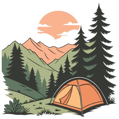 Orman açıklığında turuncu bir kamp çadırı olan bir dağ manzarası üzerinde güzel bir gün doğumu. Yeşillik ve çam ağaçlarıyla çevrili yapay zeka üretildi. Vektör simgesi