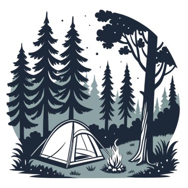 Yoğun bir ormandaki çadırı aydınlatan bir kamp ateşinin düşük açılı çekimi huzurlu bir manzara yaratır. Yıldızların altında kamp yapmak için mükemmel. Yapay zeka üretildi. Vektör simgesi