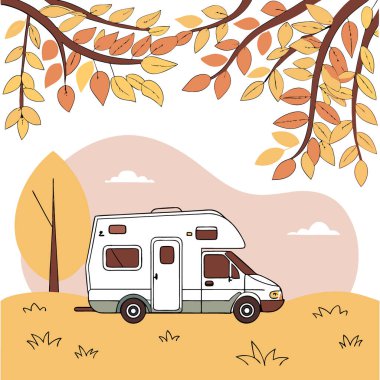 Bir karavan, sonbahar sabahının yumuşak parıltısında güneşlenir. Altın yapraklarla çevrili. Yapay zekanın yarattığı barışçıl ve maceraperest bir seyahat havası yakalamak. Vektör simgesi