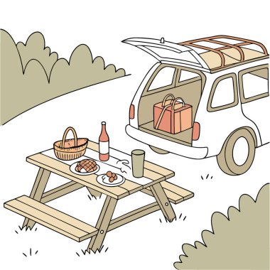 Güzel kamp piknik arabası boş ahşap masa ya da ürün. içecek. Gıda yerleştirme ekranı, yapay zekanın yarattığı bulanık doğal arka plan. Vektör simgesi