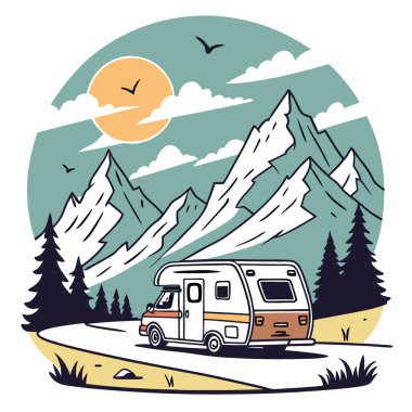 Karavan yaz güneşinin altında heyecan verici bir yolculuğa çıkıyor. Ve arkaplanda heybetli dağlar. Gelecek vaat eden macera ve keşif. Yapay zeka üretildi. Vektör simgesi