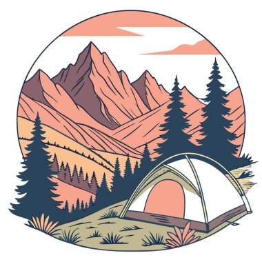 Gün batımında görkemli dağların arasında çadır. Gün doğumu kampı. Dağda doğa güzelliğini kucaklamak. Açık hava maceraları. Yıldızlı gökyüzünün altında yaz. Yapay zeka üretildi. Vektör simgesi