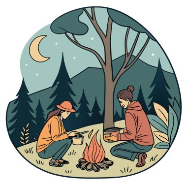 Vahşi doğada şenlik ateşi. Doğayla iç içe. Bireyler ateşi yemek pişirmek ve bitki çayı gibi sıcak içecekler hazırlamak için kullanırlar. Vektör simgesi