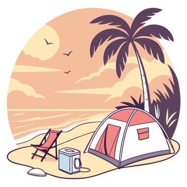 Gün batımında serinletici ve çadır manzaralı sakin bir sahil kamp sahnesi. Yapay zekanın yarattığı harika bir plaj kaçamağında sakin ve rahat bir atmosferi çağrıştırıyor. Vektör simgesi