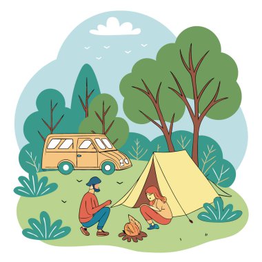 Hipster çift ve köpekleri küçük bir minibüs macerasında kamp macerasının tadını çıkarıyorlar. Açık havada kamp yapmak. Yapay zekanın yarattığı kalıcı anılar yaratmak. Vektör simgesi