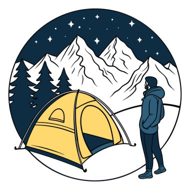 Geceleri, karlı dağlarda, yanında biri ve yıldızlı gökyüzü olan sarı çadırı aydınlatıyordu. Gece boyunca dağlarda çadıra maruz kalınca yapay zeka ortaya çıktı. Vektör simgesi