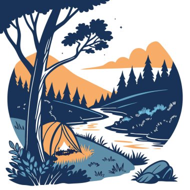 Ormanda akşam vakti çok güzel bir kamp ateşi. Kamp alanında alacakaranlıkta ateş yanıyor. Güzel bir nehrin kenarında. Arka planda akşam gökyüzü var. Yapay zeka üretildi. Vektör simgesi