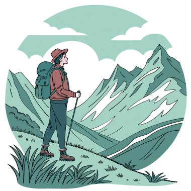 Dağların arasında yalnız bir gezgin. Yürüyüşün heyecanının doğanın huzuruyla buluştuğu yer. Açık hava macera yolculuğunun güzelliğini gösteriyor. Yapay zeka üretildi. Vektör simgesi