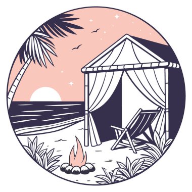 Gözlerden uzak bir sahilde görkemli bir göz kamaştırma sahnesi. Lüks bir çadırla. Zarif plaj sandalyeleri. Şenlik ateşi. Ve alacakaranlık okyanus ufkunun çarpıcı manzarası. Yapay zeka üretildi. Vektör simgesi