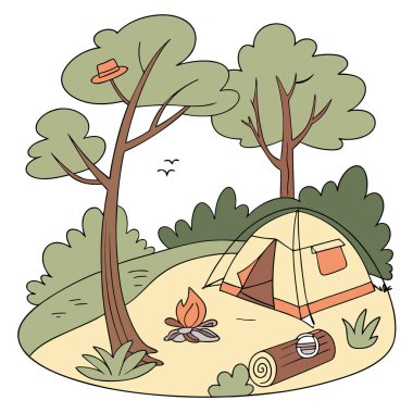 Bu modern çizgi film manzarasında. Bir kamp alanı görebiliyorsun. Ağaçlar. Ormandaki bir yaz kampında yanan bir odun ve bir bowlingçi. Yapay zekanın ürettiği kamp ve açık hava aktiviteleri. Vektör simgesi