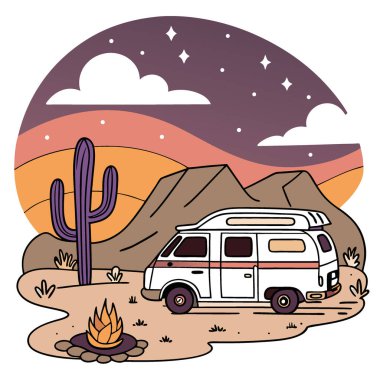 Çöl manzarasında bir yolculukta minibüs yaşamı. Arka planda kaktüs var. Ve karavanın yanına renkli bir akşam gökyüzünün altına kurulmuş rahat bir kamp ateşi. Yapay zeka üretildi. Vektör simgesi