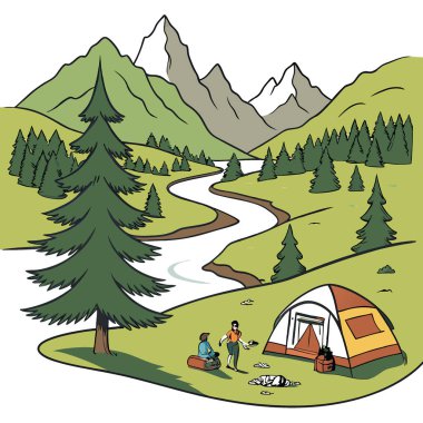 Kamp alanı aktivitesi eğlence gezisi tatil çimleri tatil dağları dinlenme nehri yaz çadırı sporu macera yürüyüşü orman güneş doğası noktası. Yapay zeka üretildi. Vektör simgesi