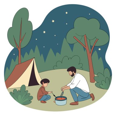 Bir babanın ve oğlunun kamp ateşinde yemek pişirdiği geniş bir kamp manzarası. Açık havada yaşamanın basitliğini ve yapay zekanın yarattığı paylaşılan anların sıcaklığını gösteriyor. Vektör simgesi