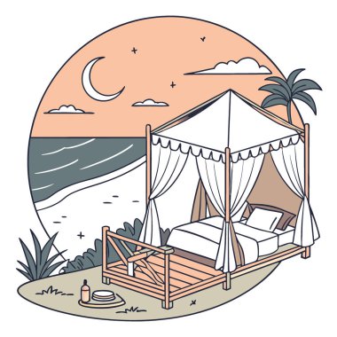 İki kişilik romantik bir kumsal manzarası. Lüks bir yatağı ve zarif bir dekoru olan bir çadır. Yapay zekanın oluşturduğu muhteşem bir sahil gün batımının en iyi görüntüsü için konumlandırıldı. Vektör simgesi