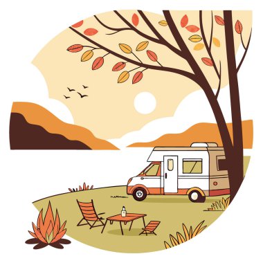 Gün batımında göl kenarında eğlence aracı. Yangın ve oturma yeriyle kamp kurun. Altın ışıklı sonbahar manzarası. Rahatlamış bir açık hava inzivasının özünü yakalıyorum. Yapay zeka üretildi. Vektör simgesi