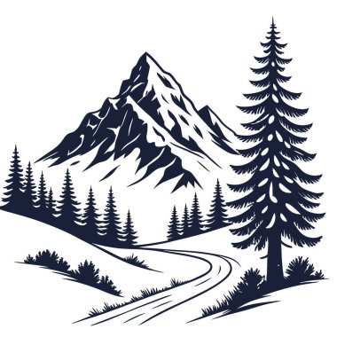 Karla kaplı dağ zirvesinin siyah siluetinde kış yürüyüşü macerası ve köknar ağacı resimleme vektörü amblemi. Tatil kampı için mükemmel. Yapay zeka üretildi. Vektör simgesi