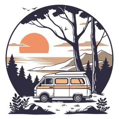 Akşam güneşinde yıkandım. Rahat bir uyku alanı olan bir minibüs çarpıcı doğal bir zemine karşı duruyor. Yapay zekanın yarattığı nefes kesen bir manzaranın içinde minibüs hayatının büyüsünü yakalamak. Vektör simgesi