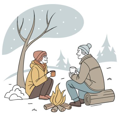 Kamp ateşinin yanında oturan olgun yaşlı çift. Kış mevsiminde, etraflarında kar varken ısınıyor ve konuşuyorlar. Açık hava randevusu. Macera ve ateşin yanında rahat olmak. Sığ görüş alanı. Yapay zeka üretildi. Vektör simgesi