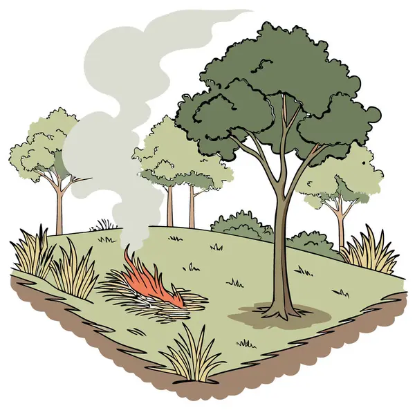 Ormanın belli bir bölgesinde, bitki örtüsünü yönetmek ve orman sağlığını geliştirmek için belirlenmiş bir yanık reçetesinin parçası olarak kontrollü bir yangın yanar. Yapay zeka üretildi. Vektör simgesi