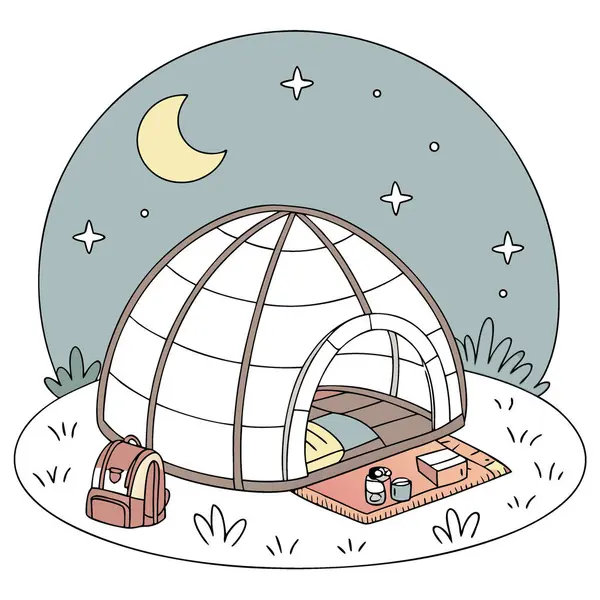 Yıldızların altında özel olarak tasarlanmış şeffaf kabarcık çadırında kamp kurarak yukarıdaki gök cisimlerini 360 derecelik bir açıyla görebiliriz. 2D düz çizgi film yapay zeka üretildi. Vektör simgesi