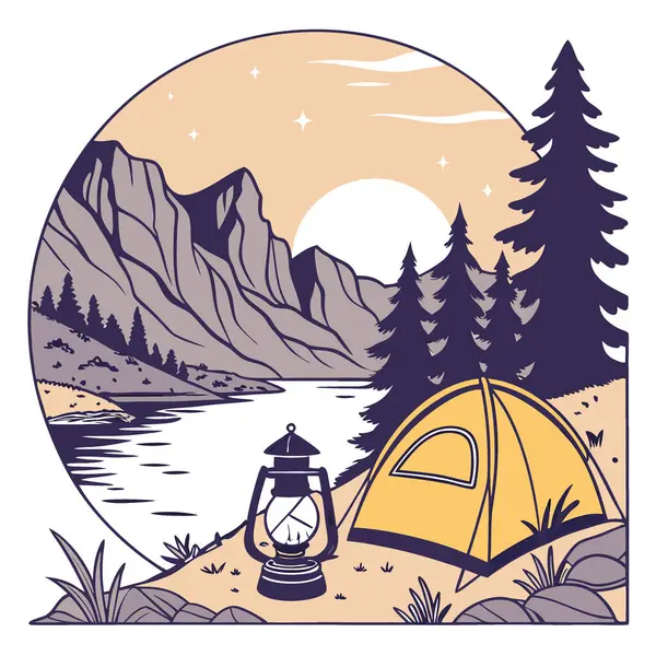 Alacakaranlıkta, bir dağ gölünün yanında rahat bir kamp alanı. Parlayan bir fener. Sarı çadır. Huzurlu bir kayalık zemin ve huzur dolu bir su yüzeyi yapay zeka oluşturdu. Vektör simgesi