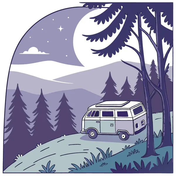 Ormana bakan rüya gibi bir minibüse kaç. Van yaşamının huzurunu ve özgürlüğünü kucaklamak, Al 'ın yarattığı seyahat şehvetine ilham veren çarpıcı doğal bir zemin hazırlamak. Vektör simgesi