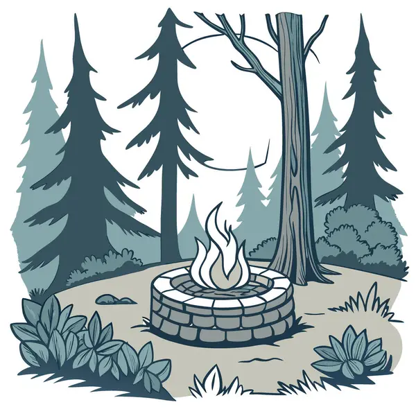 Çatırdayan bir kamp ateşinin sıcaklığı dingin bir ormandaki bir ateş çukurunu aydınlatır. Uzun ağaçlarla çevrili. Toplanma ve rahatlama için sakin bir atmosfer yaratıyor. Yapay zeka üretildi. Vektör simgesi