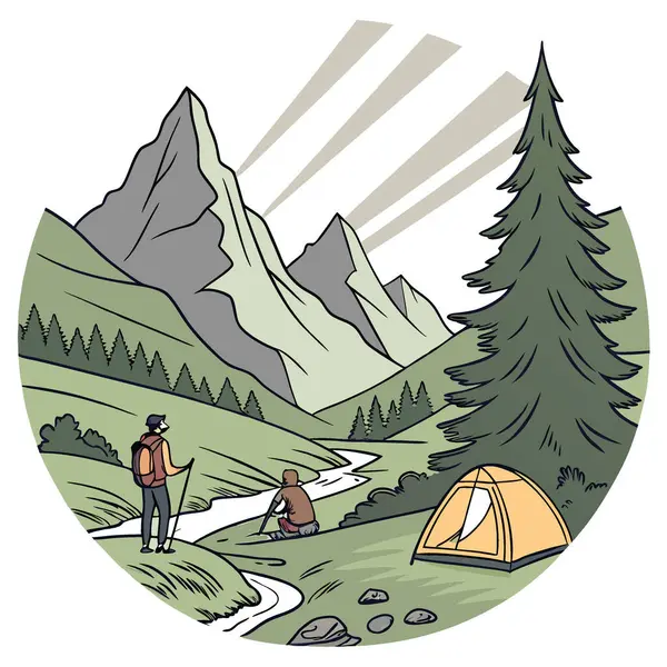Görkemli Matterhorn bölgesinde. Yürüyüşçüler heyecanlı bir yürüyüş tatilinin tadını çıkarırlar. Yapay zekanın yarattığı doğanın güzelliğine kendilerini daldırmak için çadırlarını manzaralı bir kamp alanına kurdular. Vektör simgesi