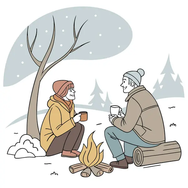 Kamp ateşinin yanında oturan olgun yaşlı çift. Kış mevsiminde, etraflarında kar varken ısınıyor ve konuşuyorlar. Açık hava randevusu. Macera ve ateşin yanında rahat olmak. Sığ görüş alanı. Yapay zeka üretildi. Vektör simgesi