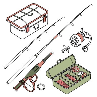 Balıkçılık Vitesi Çizimi. Kancalar. Çubuklar. Makaralar. Alet çantası. ve daha fazlası. Yapay zeka üretildi. Vektör simgesi