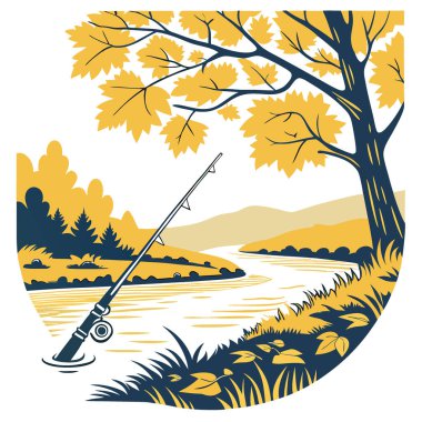 Sakin bir nehrin kenarında dinlenen olta kamışı. Sonbahar yapraklarıyla çevrili yapay zeka üretildi. Vektör simgesi