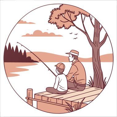 Bir baba ve oğul, gün doğarken huzurlu bir gölde birlikte balık tutuyor. Vektör simgesi
