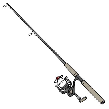 Olta kamışı. Makara. Ve sıra gururla izole bir şekilde duruyor. Kullanıma hazır yapay zeka üretildi. Vektör simgesi