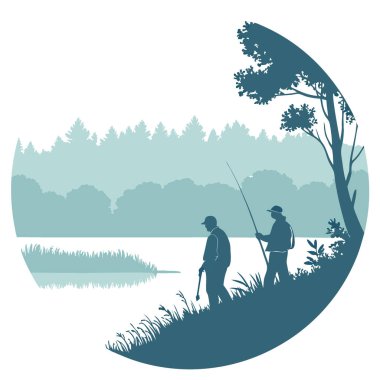 Misty Morning Sazan Balıkçılığı. Panoramik Göl Yaban Çubukları ve Sinyalleri. Yapay zeka üretildi. Vektör simgesi