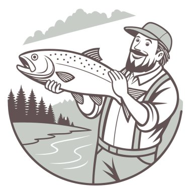 Orta yaşlı bir adam balık tutma gezisinde yakaladığı büyük bir balığı gösterir. Yapay zeka üretildi. Vektör simgesi