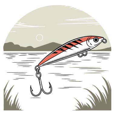 Akşam vakti sakin su yüzeyinde bir balık yemine yakın durun. Yapay zeka üretildi. Vektör simgesi